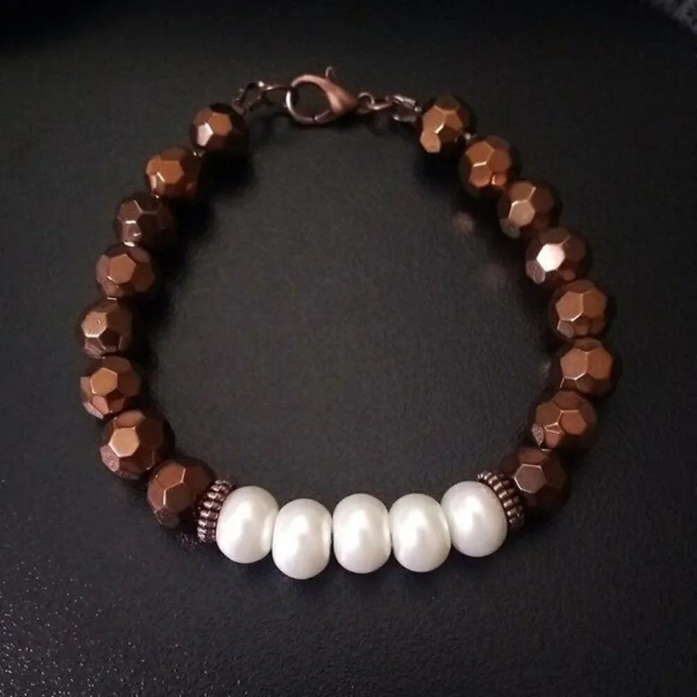 Copper + Faux Stretch Pearls Bracelet! Upscale Boho Contrasts Feminine Trendy